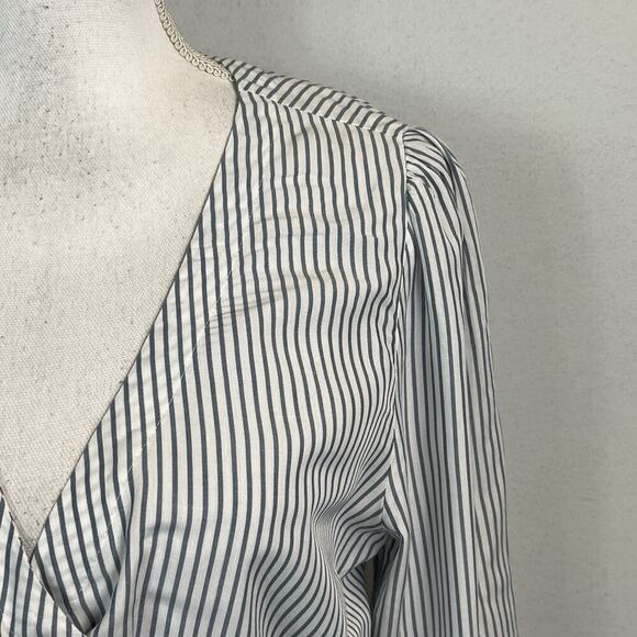 Ann Taylor Loft Blouse size Medium Blue White Striped Wrap Ruffles Bow Career - Picture 4 of 8